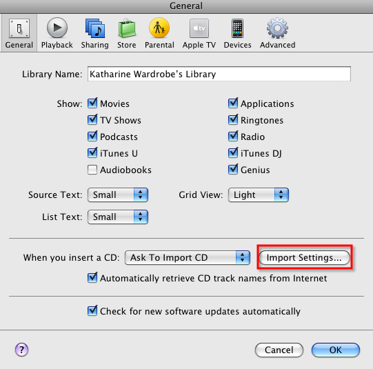 iTunes import settings