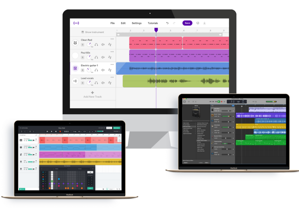 Screens showing GarageBand, Soundtrap and BandLab across desktop and laptops for online course