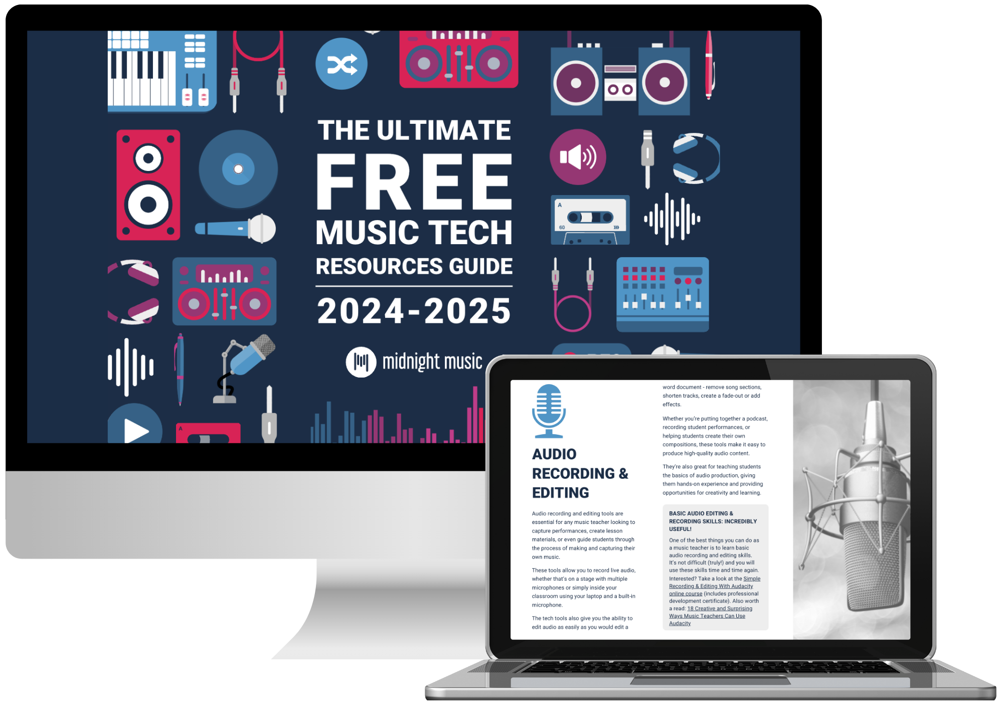 Computer and laptop displaying the 2024–2025 Ultimate Free Music Tech Resources Guide from Midnight Music