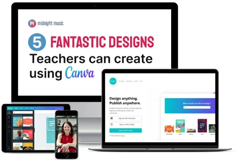 Multi-device mockup showing Canva webinar “5 Fantastic Designs Teachers Can Create” on desktop, laptop, tablet, and smartphone