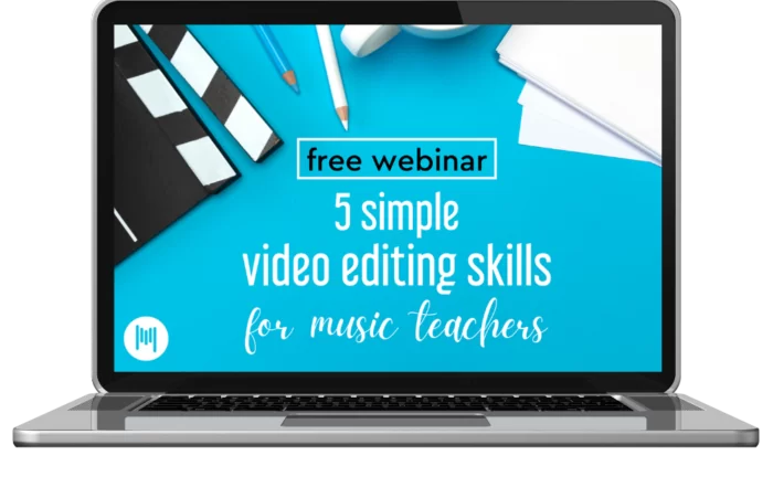 Laptop screen showing free webinar: 5 simple video editing skills for music teachers