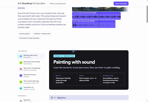 Soundtrap’s six projects range from sound-description activities to a complete trailer soundtrack.